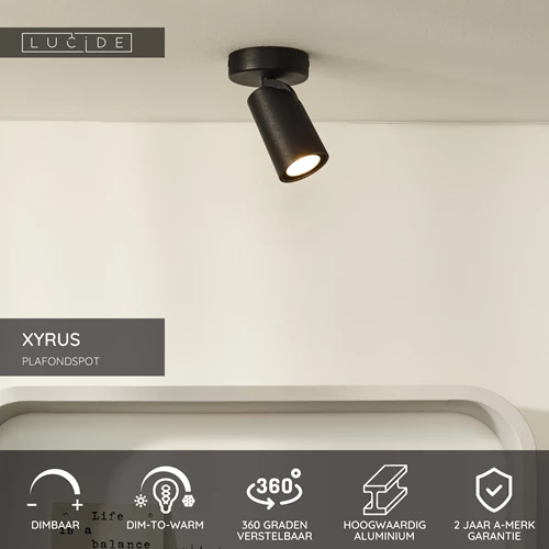 Lucide XYRUS - Plafondspot - Ø 9 cm - LED Dim to warm - GU10 - 1x5W 2200K/3000K - Zwart - USP